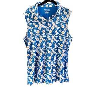 Pins & Aces Women's XXL Sleeveless Performance Golf Polo - Daisy Blue Floral